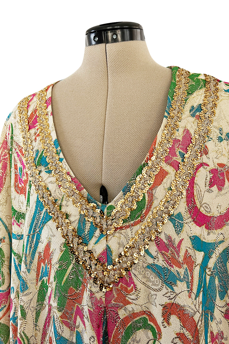 Gorgeous 1960s Lucie Ann Beverly Hills Gold Thread Lame Caftan w Sequin Detailing