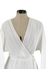 Incredible Spring 1978 Halston Plunged & Pleated White Wrap Silk Chiffon Runway Dress
