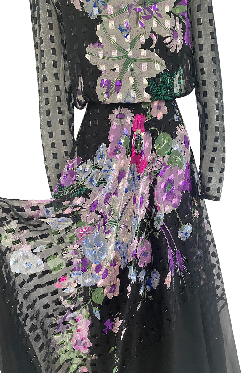 Beautiful 1970s Ted Lapidus Ribbon Weave Silk Chiffon Dress w Prettiest Floral Print