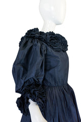 1980s Bill Blass Midnight Blue Silk Taffeta Plunging Ruffled Dress