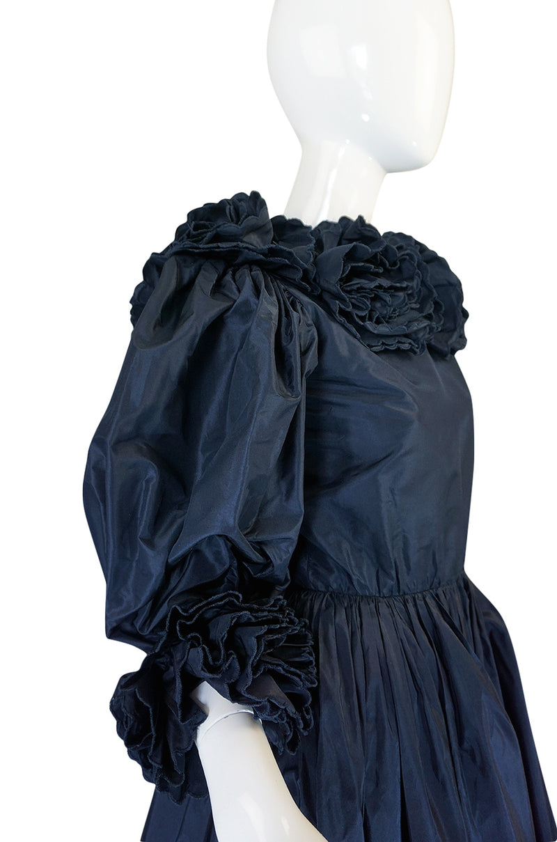 1980s Bill Blass Midnight Blue Silk Taffeta Plunging Ruffled Dress