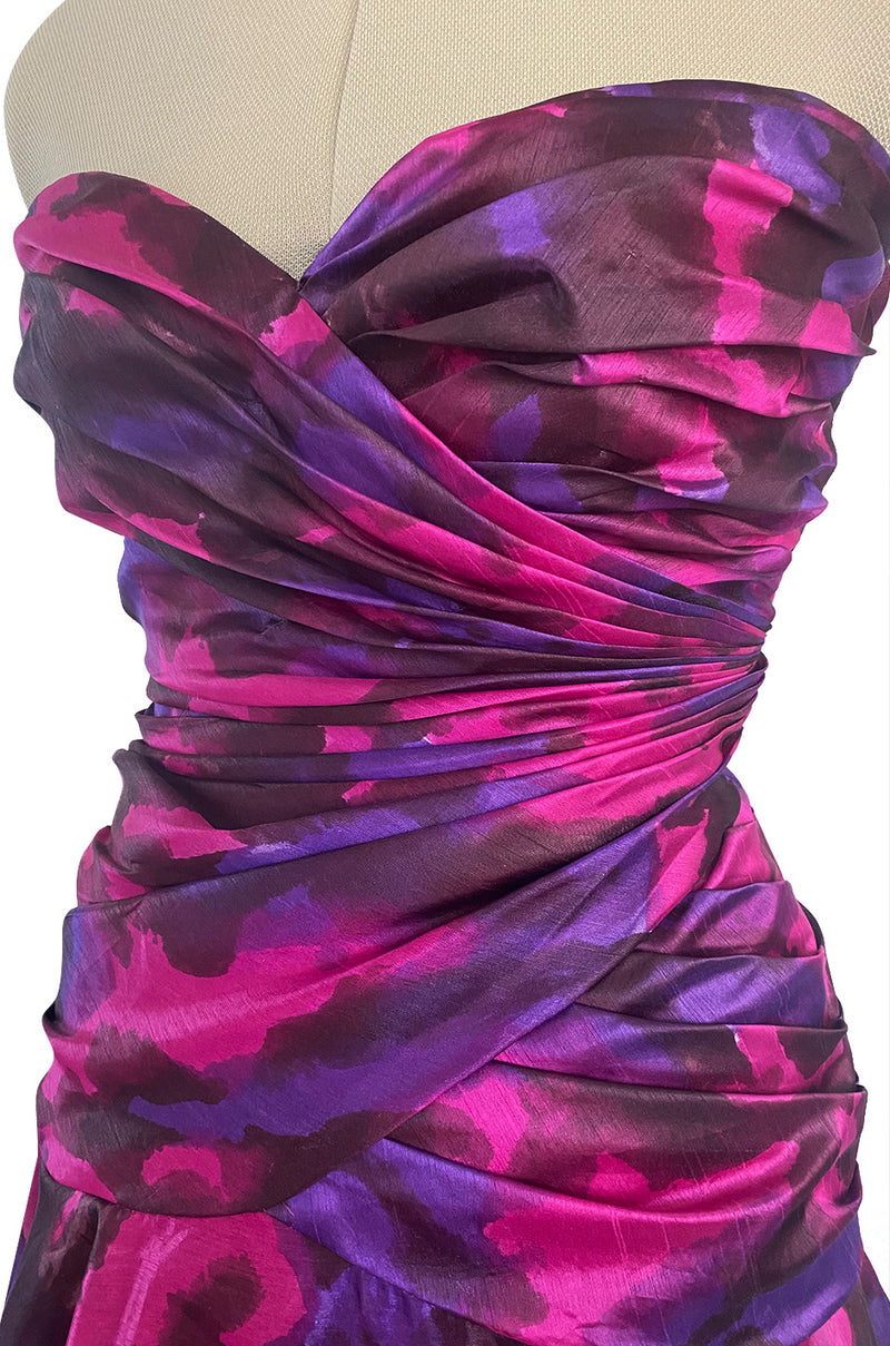 1980s Loris Azzaro Couture Strapless Deep Pink & Purple Printed Silk Mini Dress w Flare Skirt