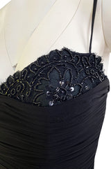 1980s Vicky Tiel Couture 'Kaimak' Gathered Black Net Fitted Dress w Beading Detailing