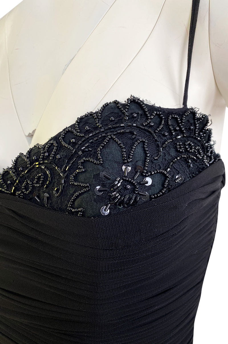 1980s Vicky Tiel Couture 'Kaimak' Gathered Black Net Fitted Dress w Beading Detailing