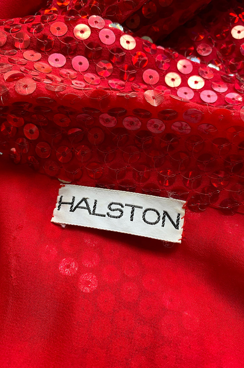 Iconic 1970s Halston Couture Glossy Red Sequin Full Length Wrap Dress Shrimpton Couture Iconic 1970s Halston Couture Glossy Red Sequin Full Length Wrap Dress Shrimpton Couture