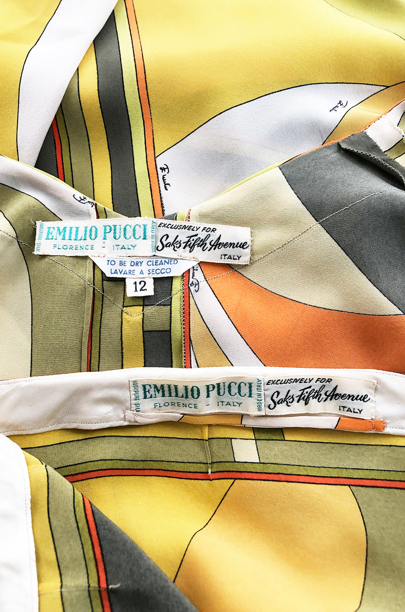 1960s Emilio Pucci Citrus Colors Silk Button Tunic Top  & Cropped Pant Set