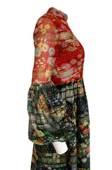 1960s Mollie Parnis Metallic Gold, Red & Black Floral Print Silk Dress