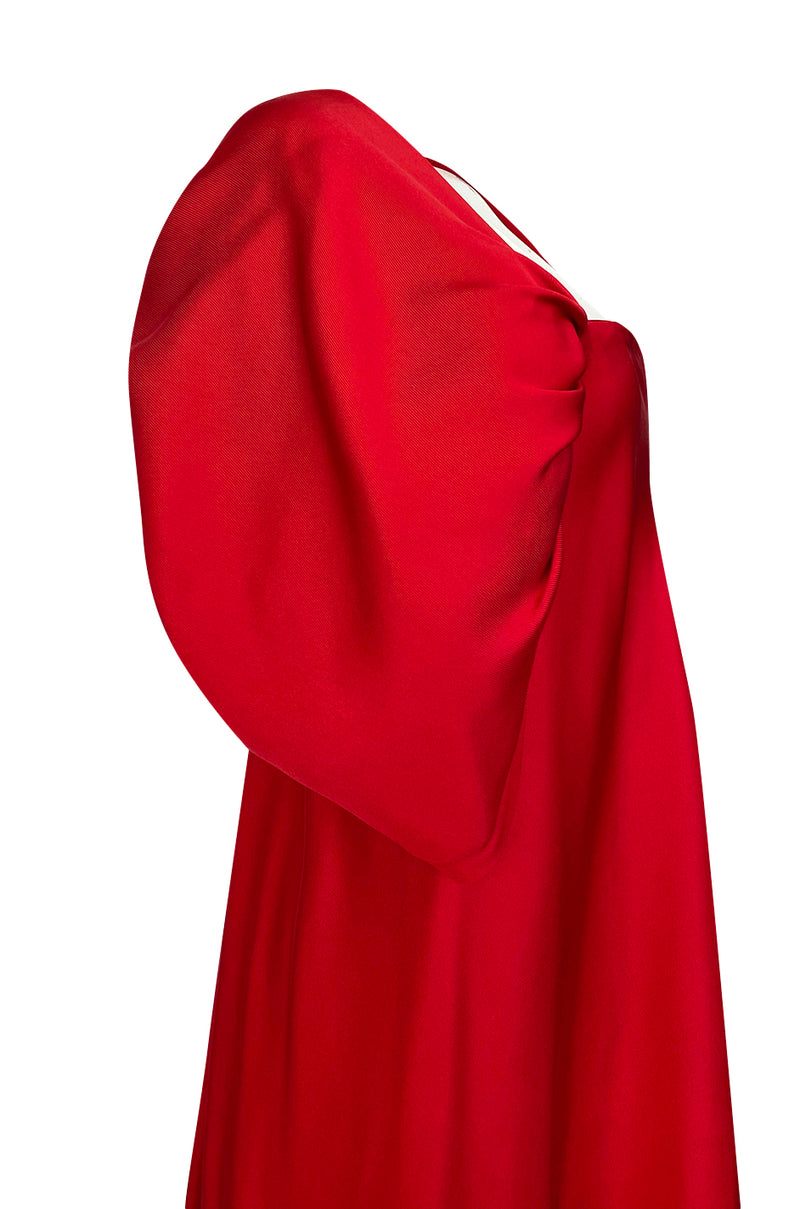1979 Stavropoulos Deep Red Silk Full Length Dress w Pouf Sleeves