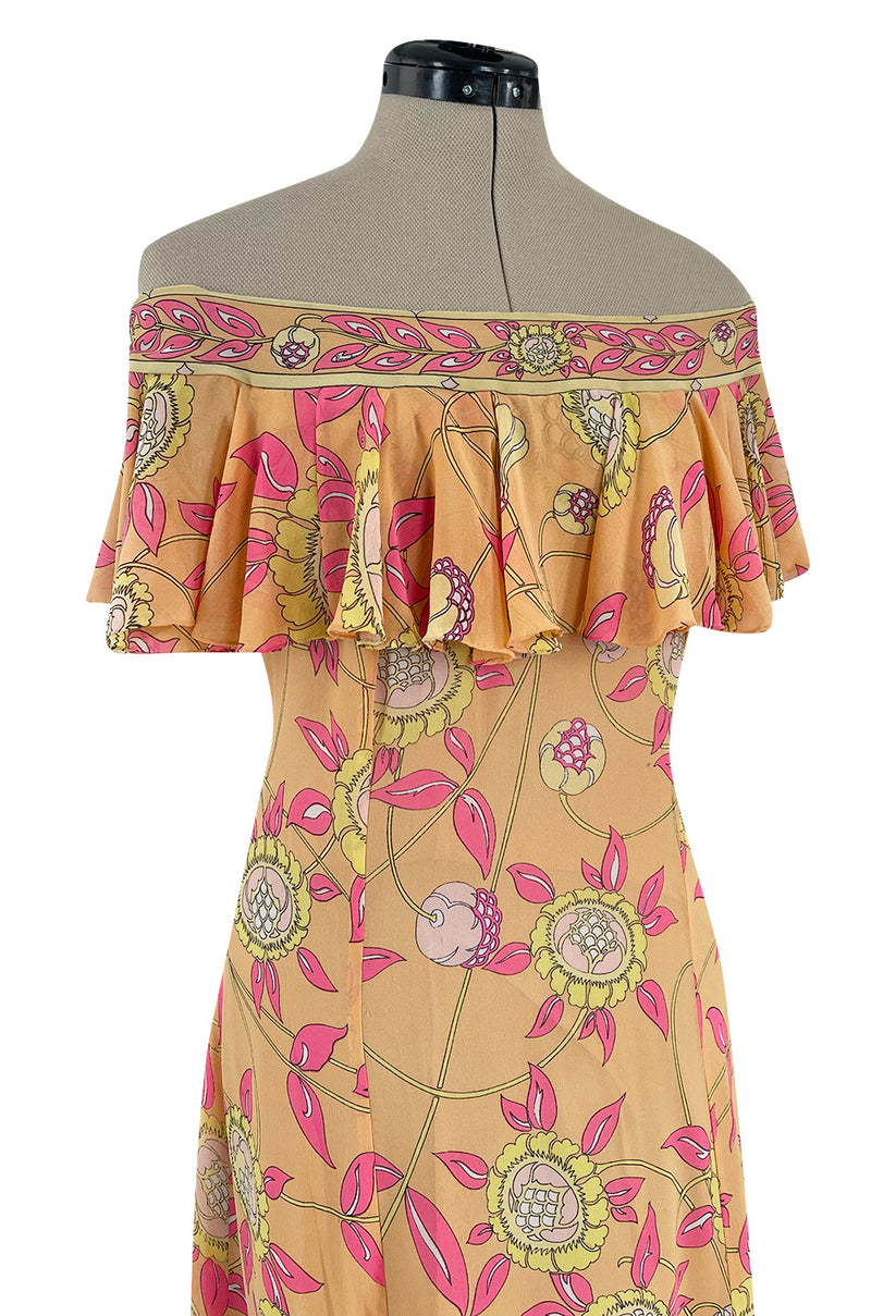 Prettiest 1960s Emilio Pucci Pink & Yellow Print on Peach Silk Chiffon Ruffled Off Shoulder Dress