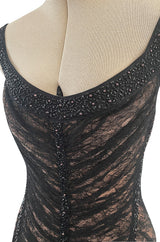 Original Fall 1997 Herve Leger Couture Lace & Bead Bandage Fitted Black Dress w Wide Straps