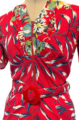 Gorgeous 1940s Unlabeled Cotton Pique Red & Bright Floral Print Dress w Original Belt