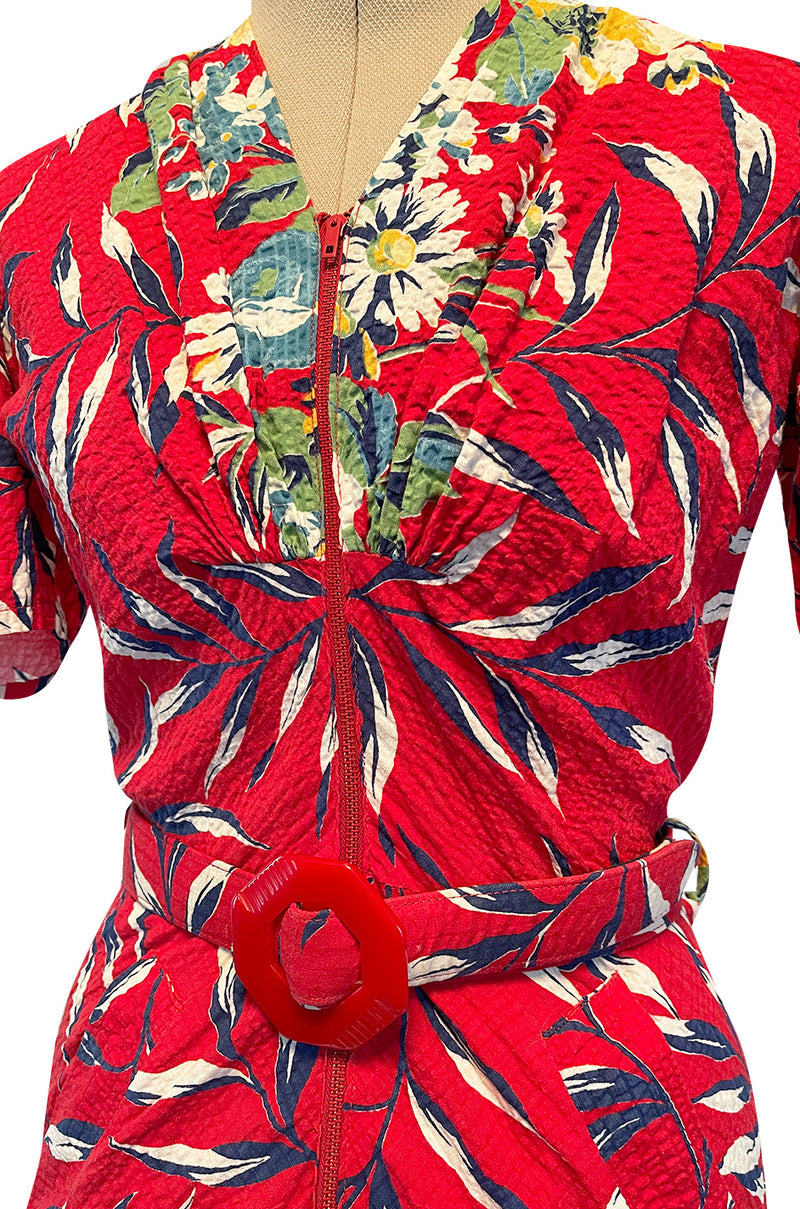 Gorgeous 1940s Unlabeled Cotton Pique Red & Bright Floral Print Dress w Original Belt