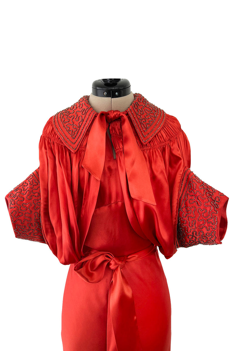 Gorgeous 1930s Coral Red Bias Cut Dress w Back Cut Outs & Matching Beaded Jacket