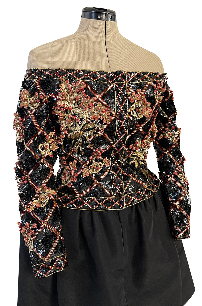 Elaborate 1987 John Anthony Couture Off Shoulder Mini Dress w Sequin Beading & Rosettes