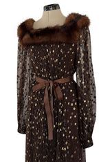 1970s Givenchy by Hubert de Givenchy Haute Couture Gold Metallic Dot on Silk Chiffon Dress w Mink Trim