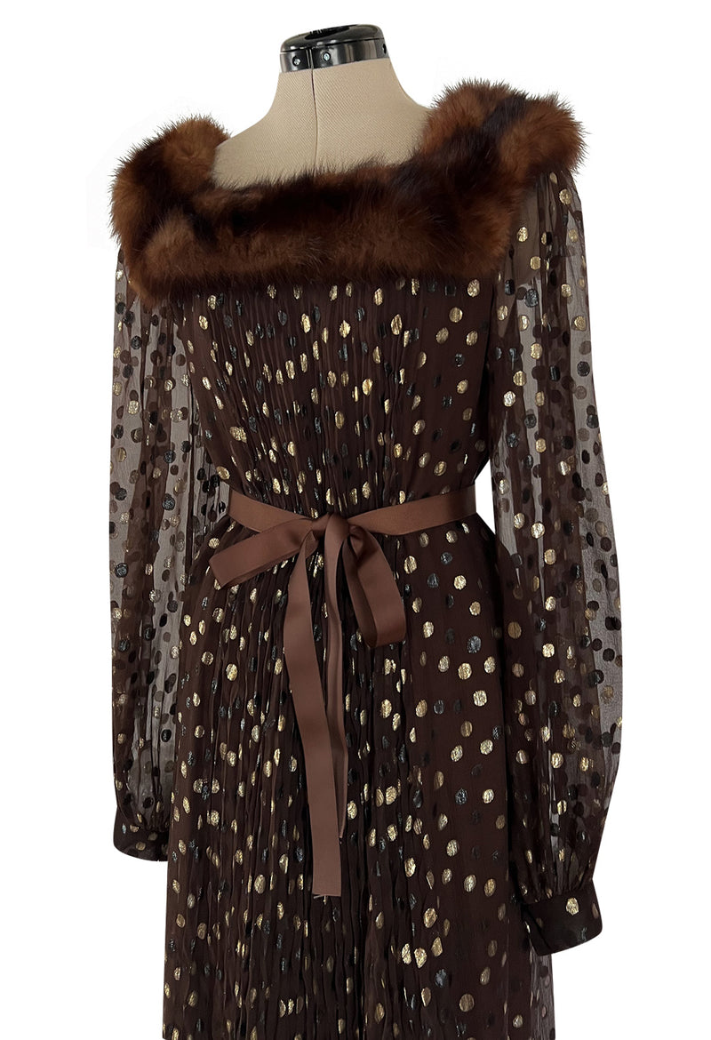 1970s Givenchy by Hubert de Givenchy Haute Couture Gold Metallic Dot on Silk Chiffon Dress w Mink Trim