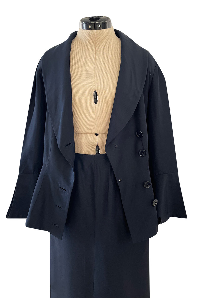 Stunning 1950s Jacques Fath Deep Navy Blue Silk Button Vent & Side Button Jacket Suit
