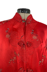 Gorgeous 1950s Red Silk Embroidered Asian Evening Coat w Top Stitched Cuffs & Collar