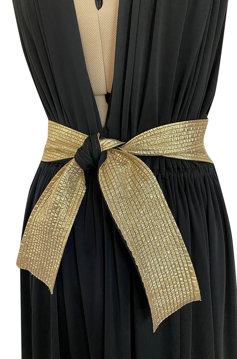Documented 1981 Bill Tice Plunge Front Black & Gold Backless Nylon Jersey Halter Dress