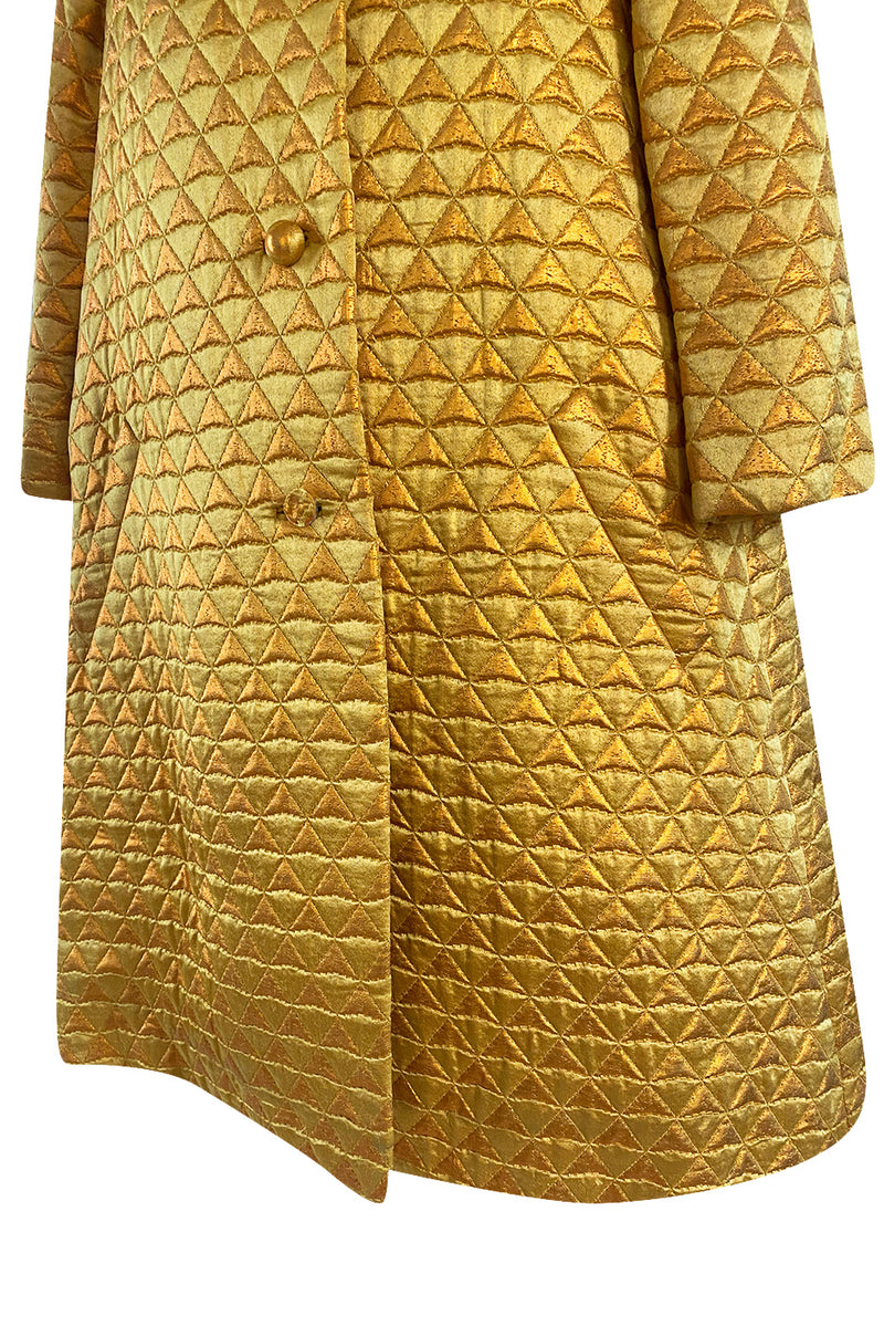 Stunning 1960s George Halley Bright Gold Metallic Puffed Quilted Silk Brocade Tent Coat