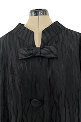 Minimalist 1960s Marty Modell Black Silk Jaquard Brocade Coat w Bow Detail