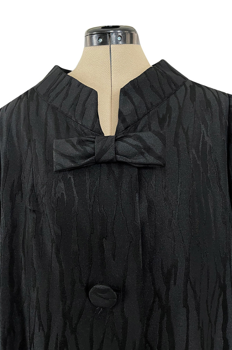 Minimalist 1960s Marty Modell Black Silk Jaquard Brocade Coat w Bow Detail