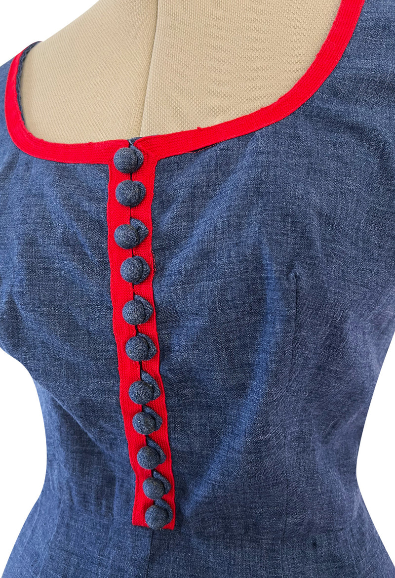 Cutest 1970s Oscar De La Renta Denim Look Cotton Playsuit w Red Braid Trim