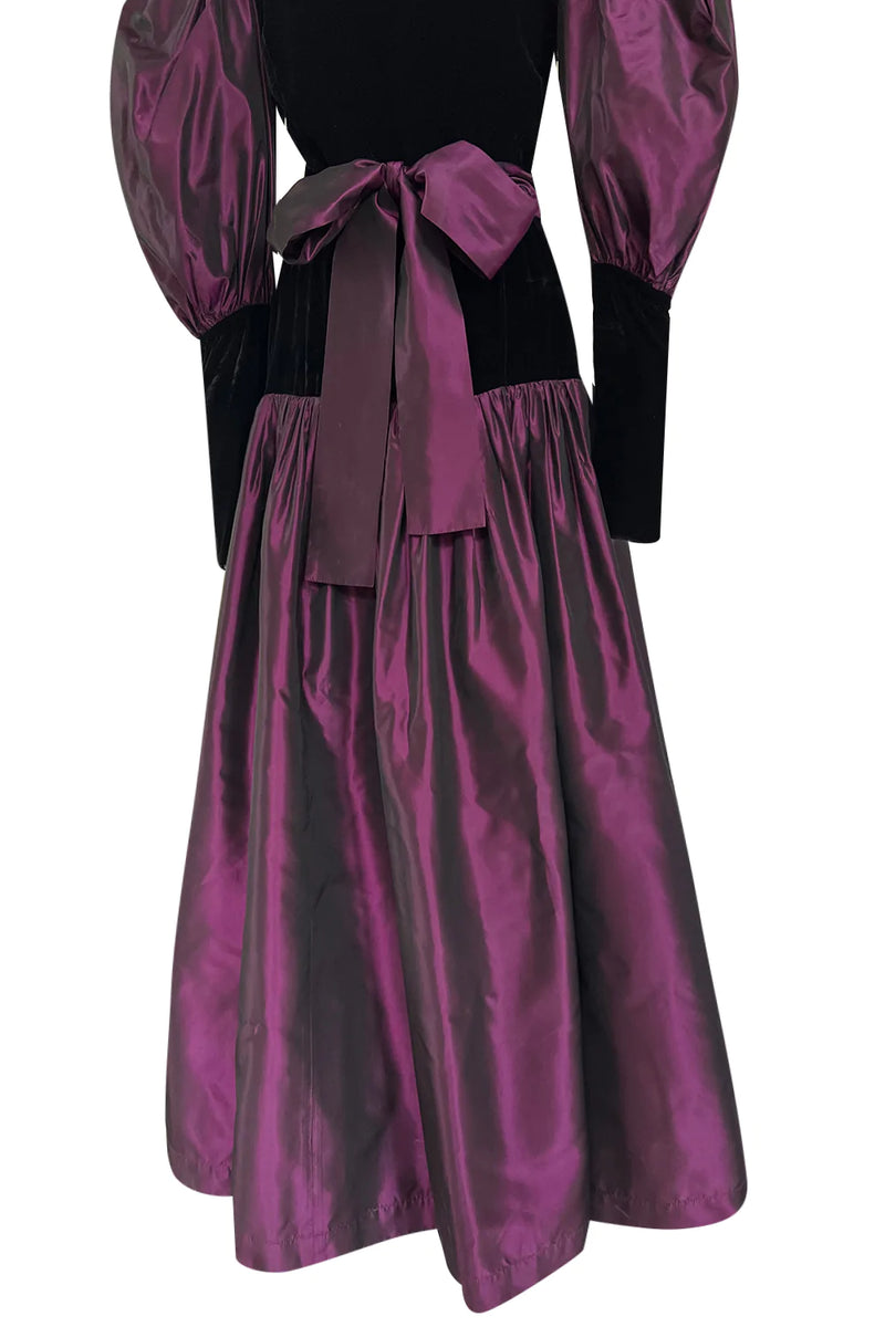 Fall 1982 Yves Saint Laurent Iridescent Purple Silk Taffeta Gigot Sleeve Dress