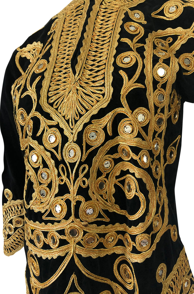 1960s Hand Applied Gold Cord & Mirrors on Black Velvet Tunic Top
