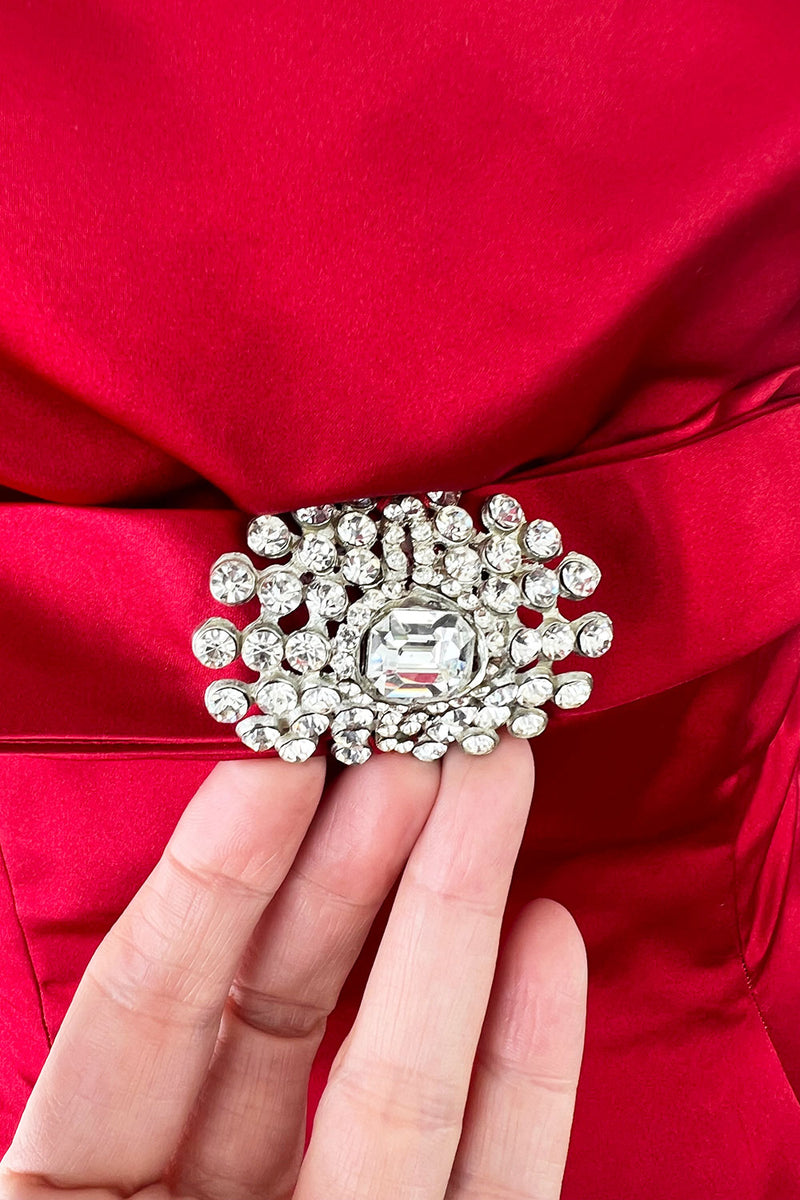 Late 1940s, Early 1950s Strapless Red Silk Satin Full Skirt Dress w Rhinestone Detailing