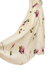 Gorgeous 1940s Unlabeled Ivory Silk Twill Dress w Painted & Appliqued Rose Print
