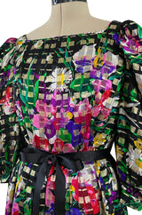 Beautiful 1970s Michael Novarese Ribbon Weave Silk Chiffon Bright Floral & Metallic Dress