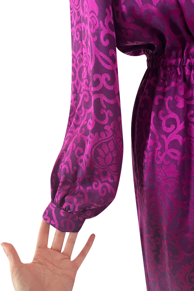 Chic Fall 1994 Yves Saint Laurent Haute Couture Silk Fuschia Dress w Fringed Scarf Detail
