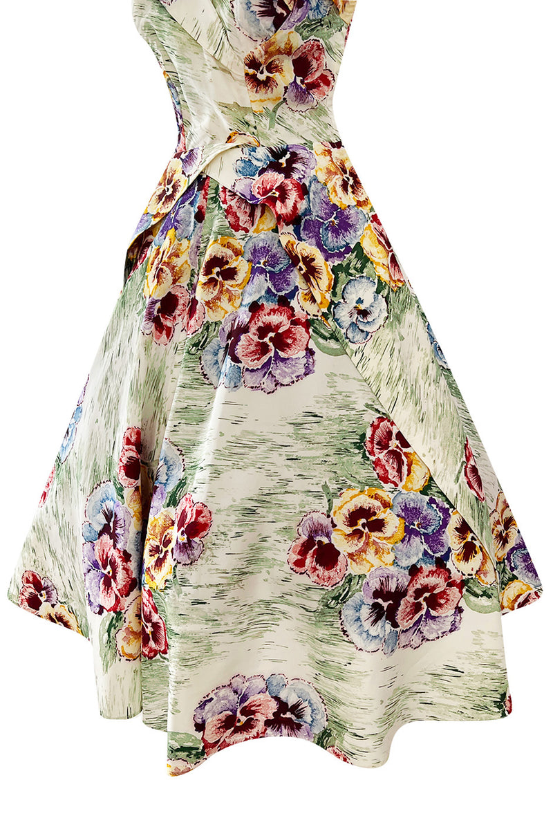 Sweetest 1950s Party Lines by Emma Domb Pansy Print Strapless Dress w Full Skirt