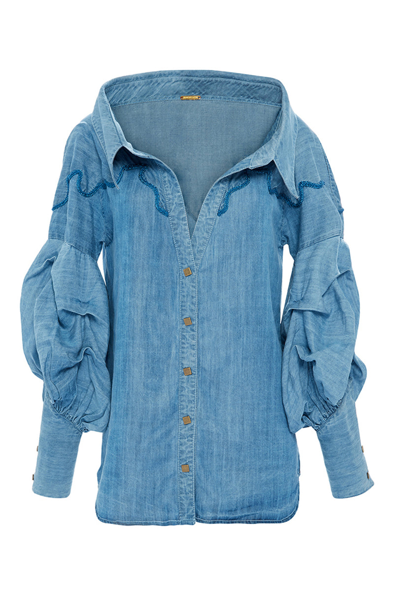 F/W 2016 Johanna Ortiz 'Maxmiliana' Off Shoulder Denim Top – Shrimpton Couture
