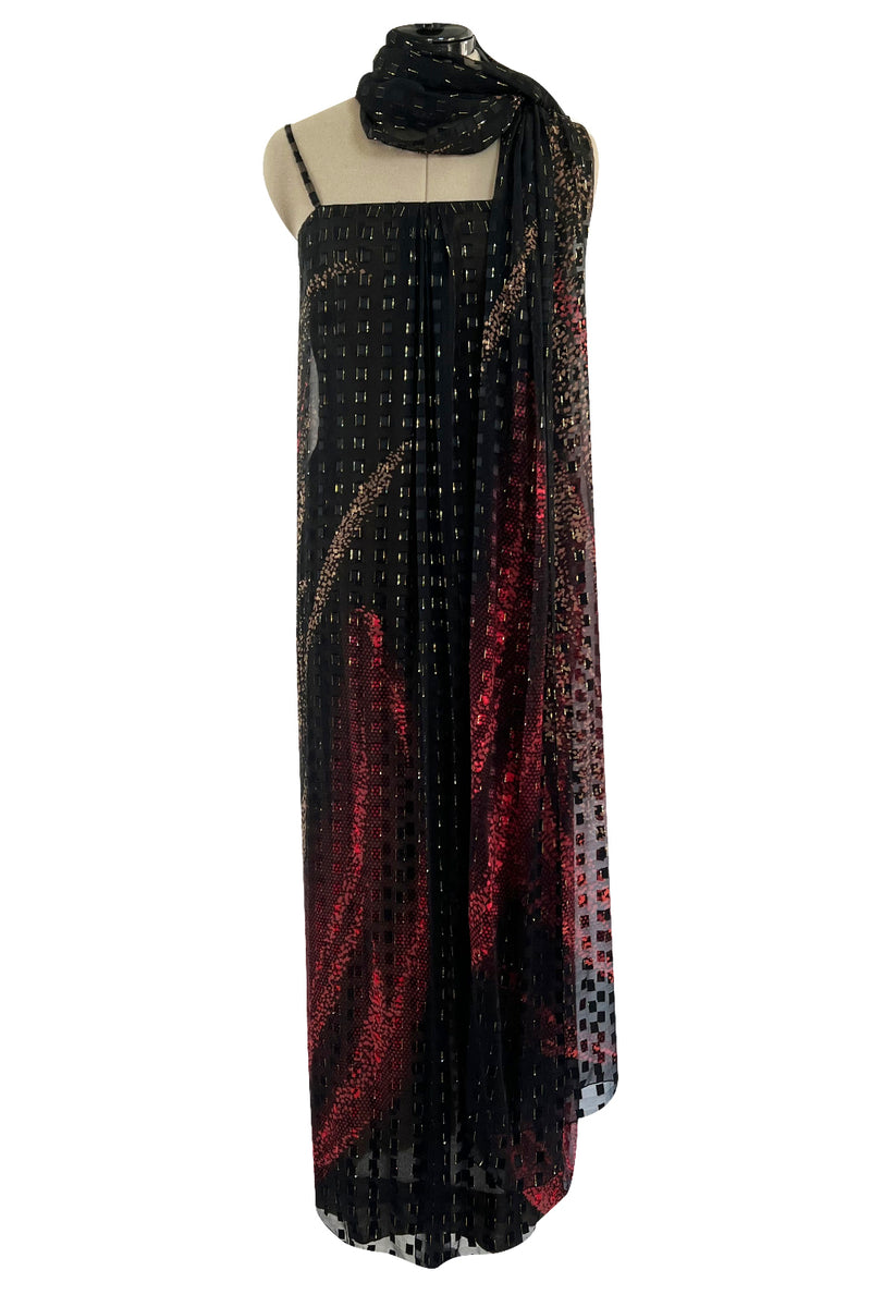 1970s Pauline Trigere Metallic Gold Thread on Pritned Silk Chiffon Dress & Sash
