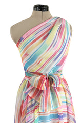 Spectacular 1970s Oscar de la Renta One Shoulder Lightweight Chiffon Rainbow Stripe Dress