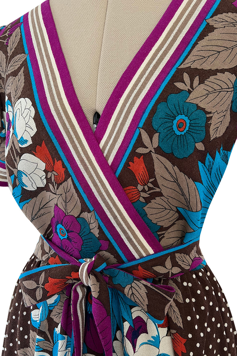 1972 - 1975 Lanvin by Jules-Francois Crahay Purple Brown & Blue Printed Floral Dress