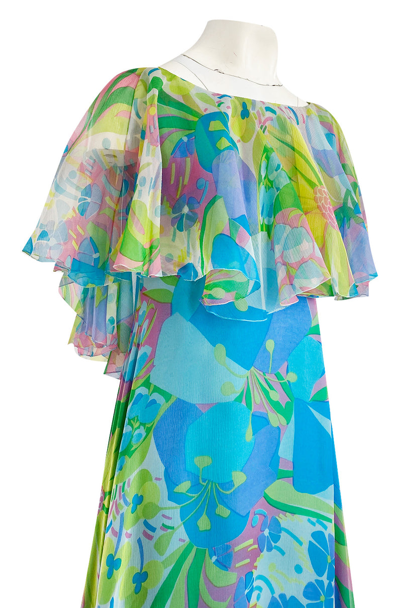 1970s Stavropoulos Couture Bias Cut Pastel Floral Turquoise Silk Chiffon Dress w Caped Detail