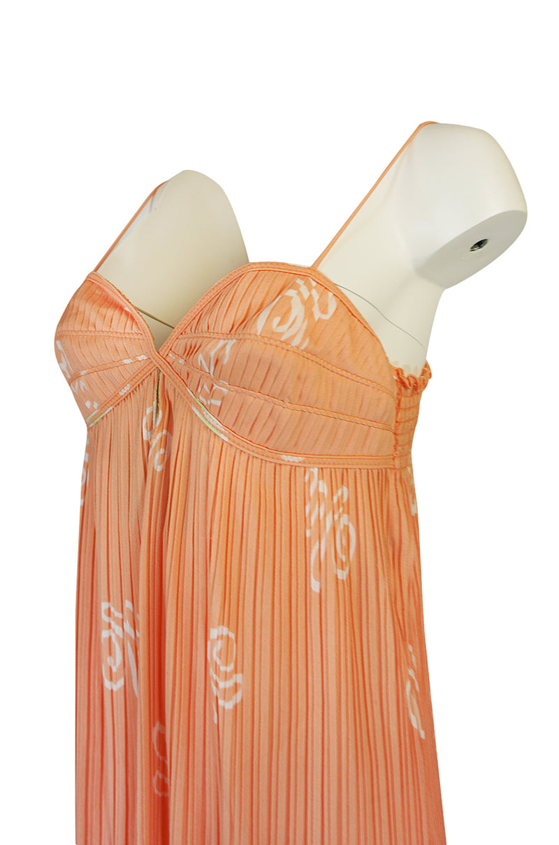 1970s Bill Tice Peach Print Halter Dress & Jacket Pleat Set