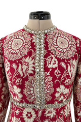 Stunning 1970s Adele Simpson Red & Gold Brocade Dress w Rhinestone Detailing