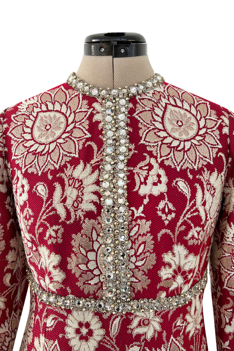 Stunning 1970s Adele Simpson Red & Gold Brocade Dress w Rhinestone Detailing