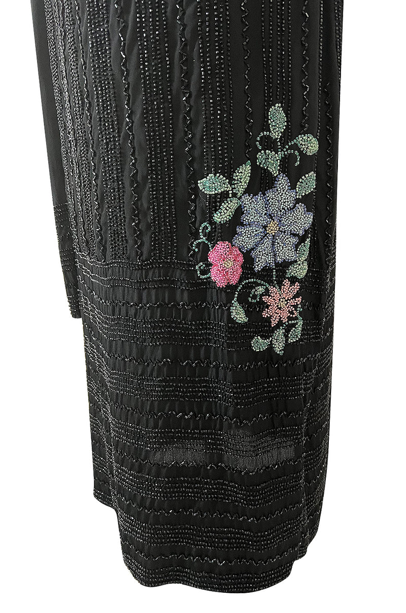 Incredible 1920s Densely Beaded Flapper Dress w Attached Floral Beaded Silk Panels