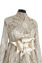 Extraordinary 1960s Donald Brooks Couture Ivory Net Lace & Silk Cord Babydoll Dress