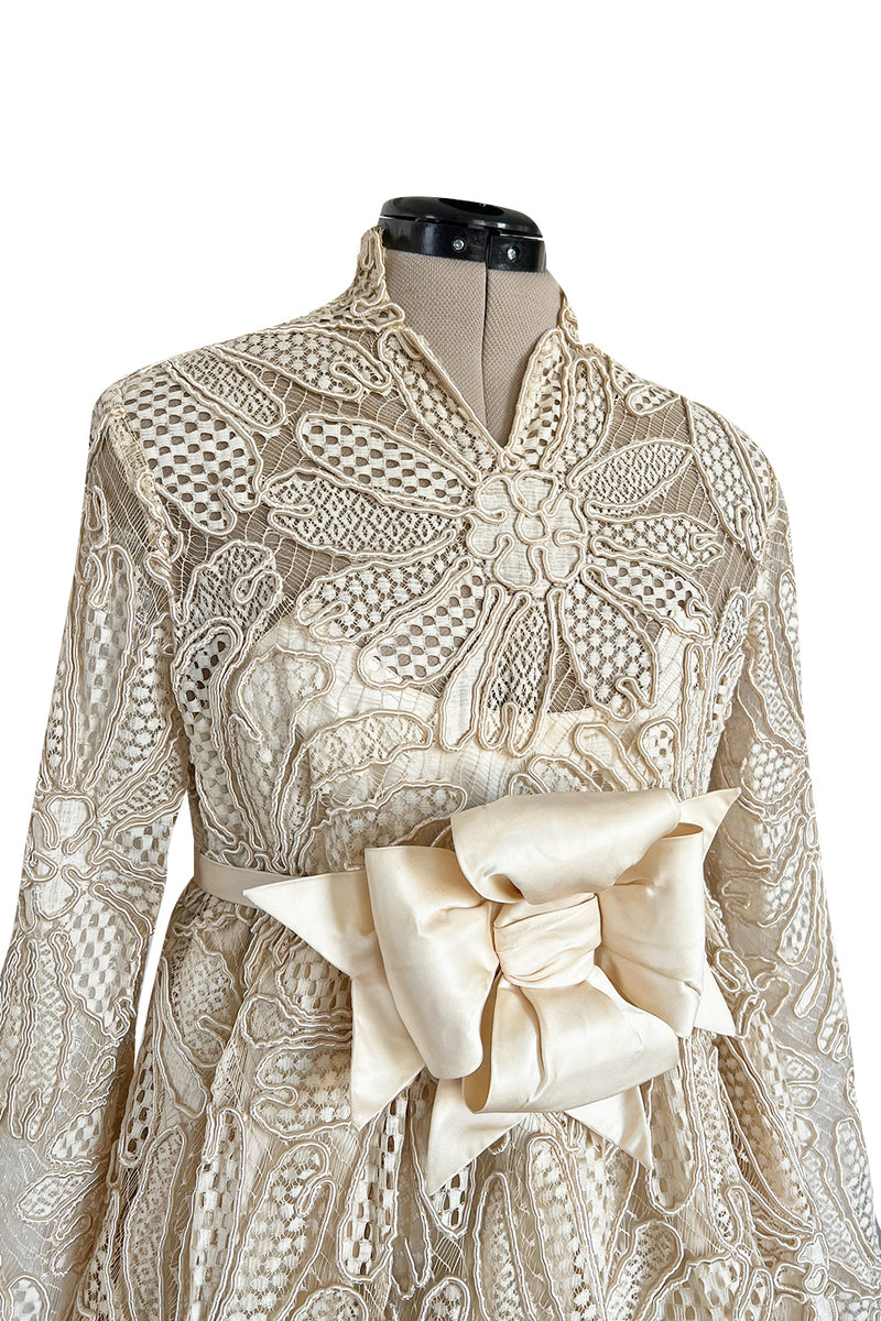 Extraordinary 1960s Donald Brooks Couture Ivory Net Lace & Silk Cord Babydoll Dress