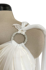 Prettiest 1960s Kiki Hart One Shoulder White Chiffon Dress w Full Skirts & Cascading Panel