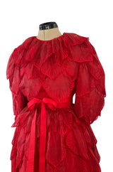1980s Unlabeled Nina Ricci by Girard Pipard Haute Couture Red Silk & Net Leaf or Petal Dress