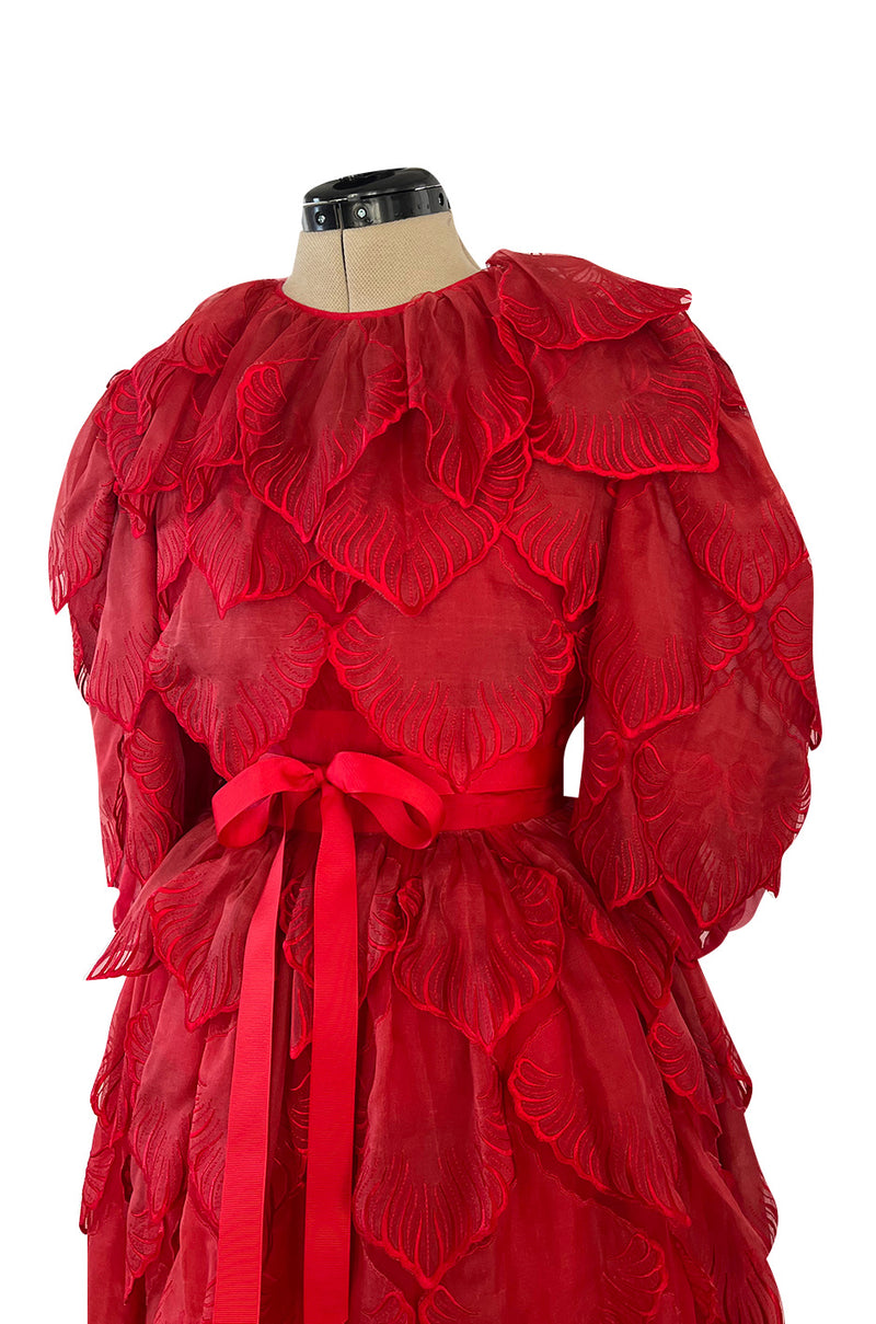 1980s Unlabeled Nina Ricci by Girard Pipard Haute Couture Red Silk & Net Leaf or Petal Dress