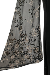 Late 1970s Pauline Trigere Black Silk Chiffon Dress w Silver Fused Glitter Flower Design
