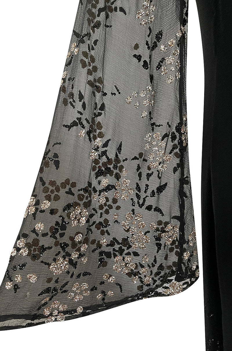 Late 1970s Pauline Trigere Black Silk Chiffon Dress w Silver Fused Glitter Flower Design
